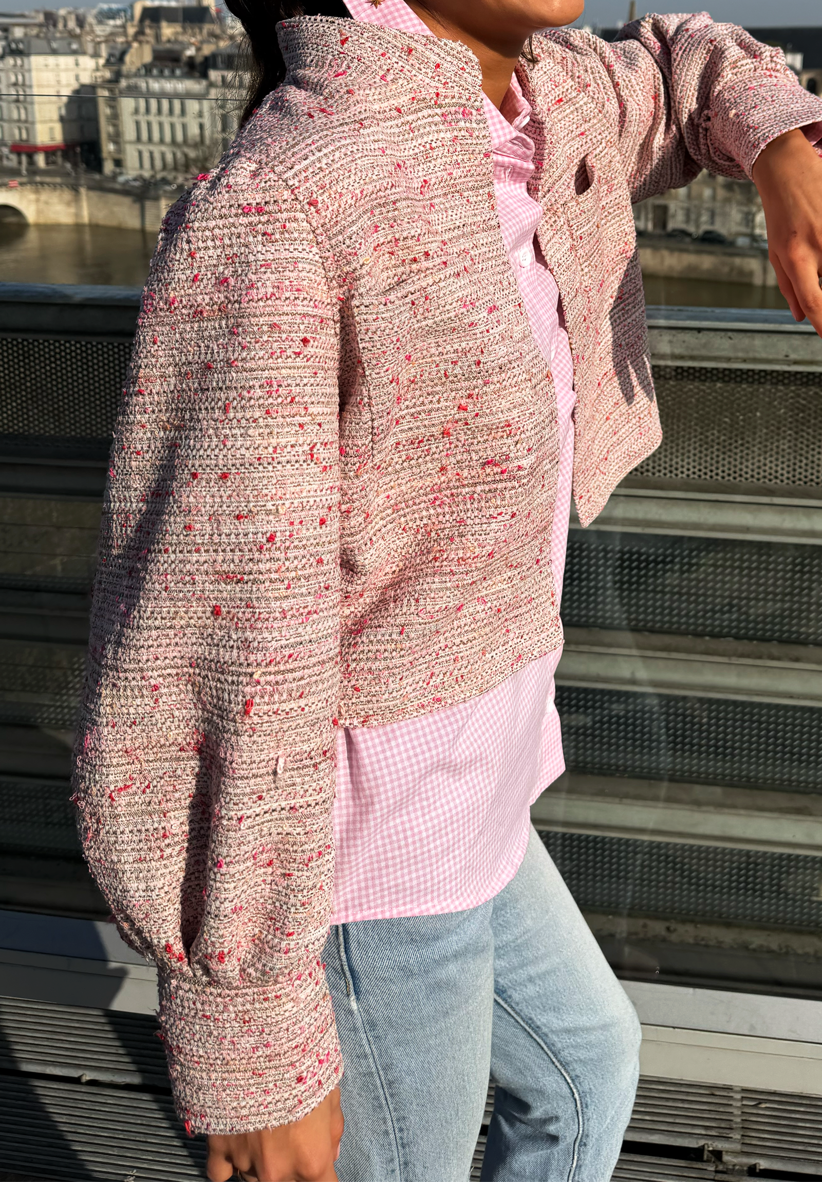 Veste Flower Girl tweed rose pâle