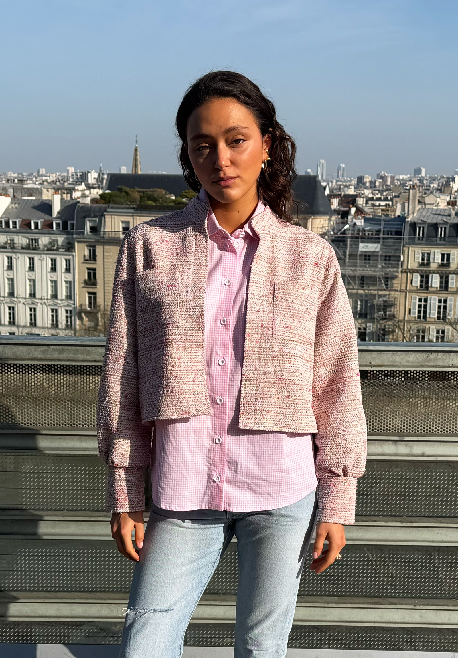 Veste Flower Girl tweed rose pâle