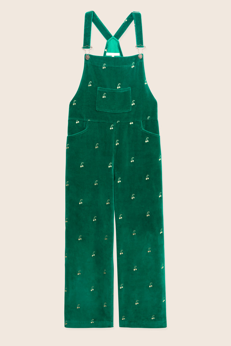 Green velvet overalls
